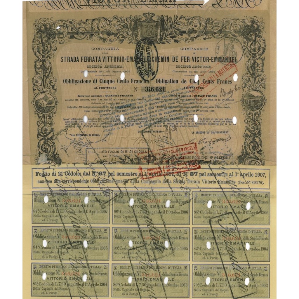 COMP. STRADA FERRATA VITTORIO EMANUELE - 1 OBBLIGAZIONE 1863
