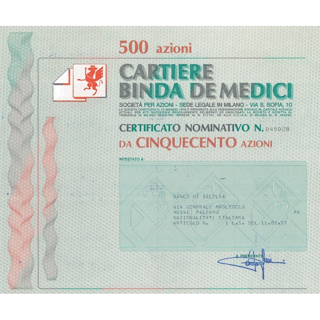 CARTIERE BINDA DE MEDICI 500 AZIONI - MILANO 1987
