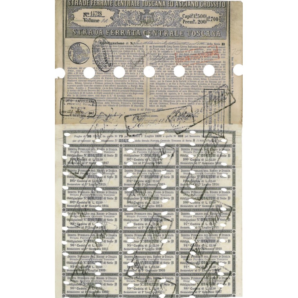 STRADA FERRATA CENTRALE TOSCANA - 1 OBBLIG. SERIE B SIENA 1863