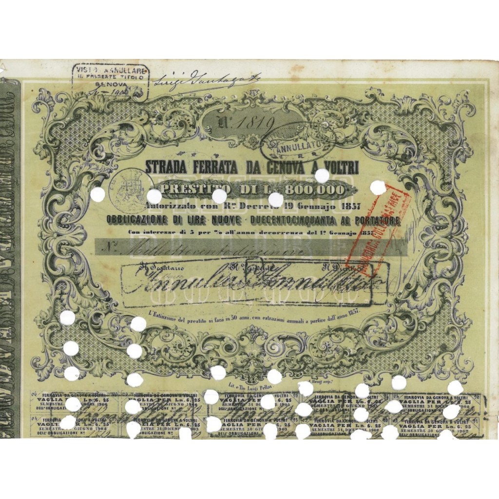 STRADA FERRATA DA GENOVA A VOLTRI - 1 OBBLIG. 1857