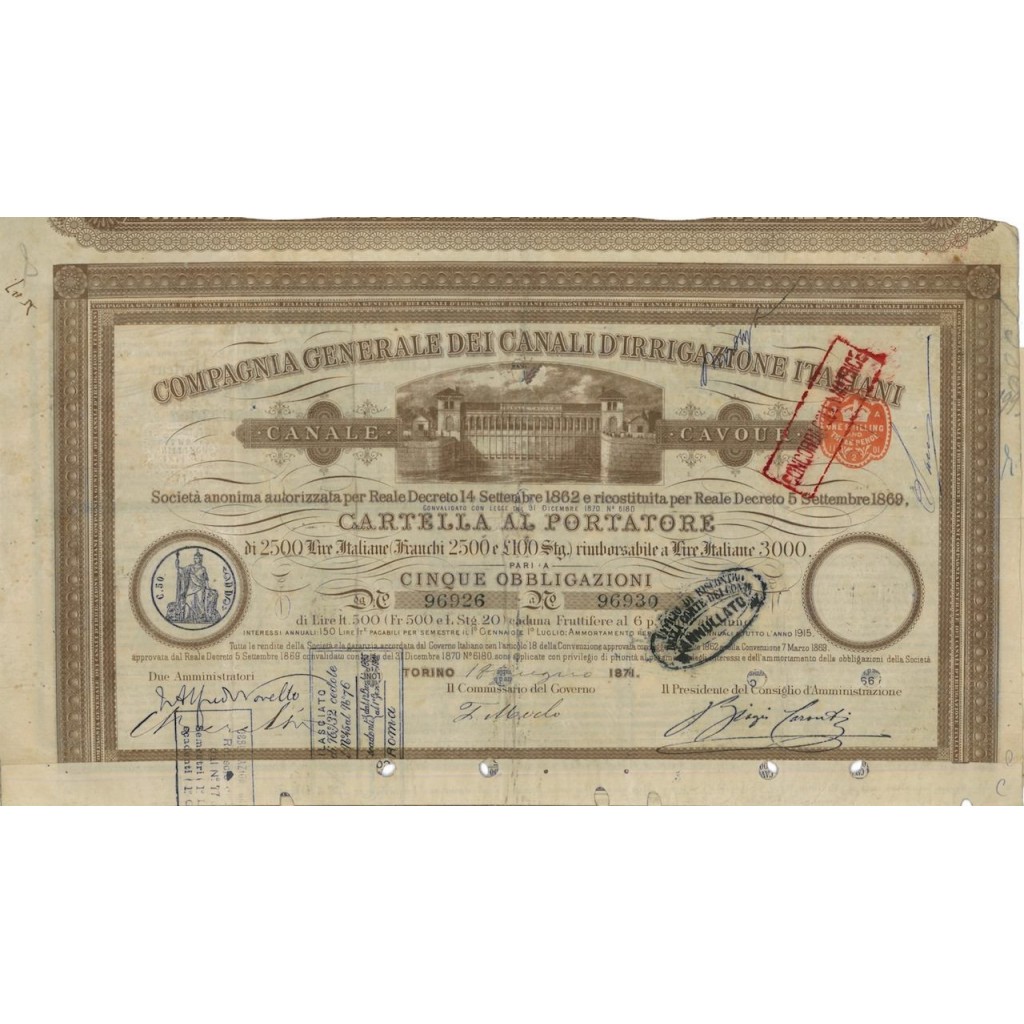 COMP. GEN. DEI CANALI ITALIANI D'IRRIGAZIONE ITALIANI - 5 OBB. TORINO 1871