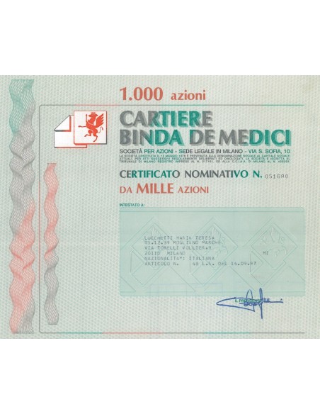 CARTIERE BINDA DE MEDICI 1000 AZIONI - MILANO 1987