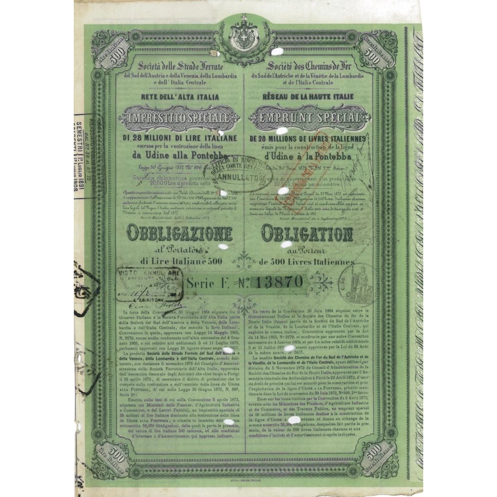 SOC. STRADE FERRATE SUD AUSTRIA E DELLA VENEZIA - 1 OBBLIG. 1873