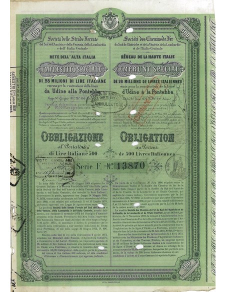 SOC. STRADE FERRATE SUD AUSTRIA E DELLA VENEZIA - 1 OBBLIG. 1873