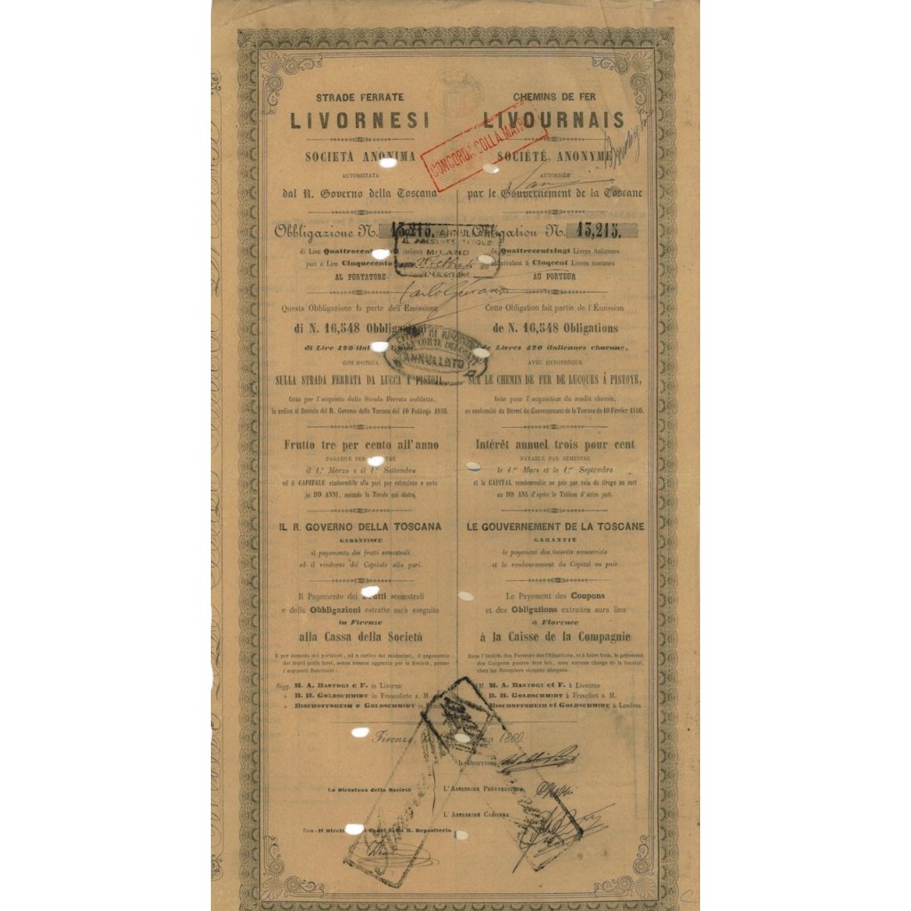 STRADE FERRATE LIVORNESI SOC. AN. - 1 OBBL. FIRENZE 1860