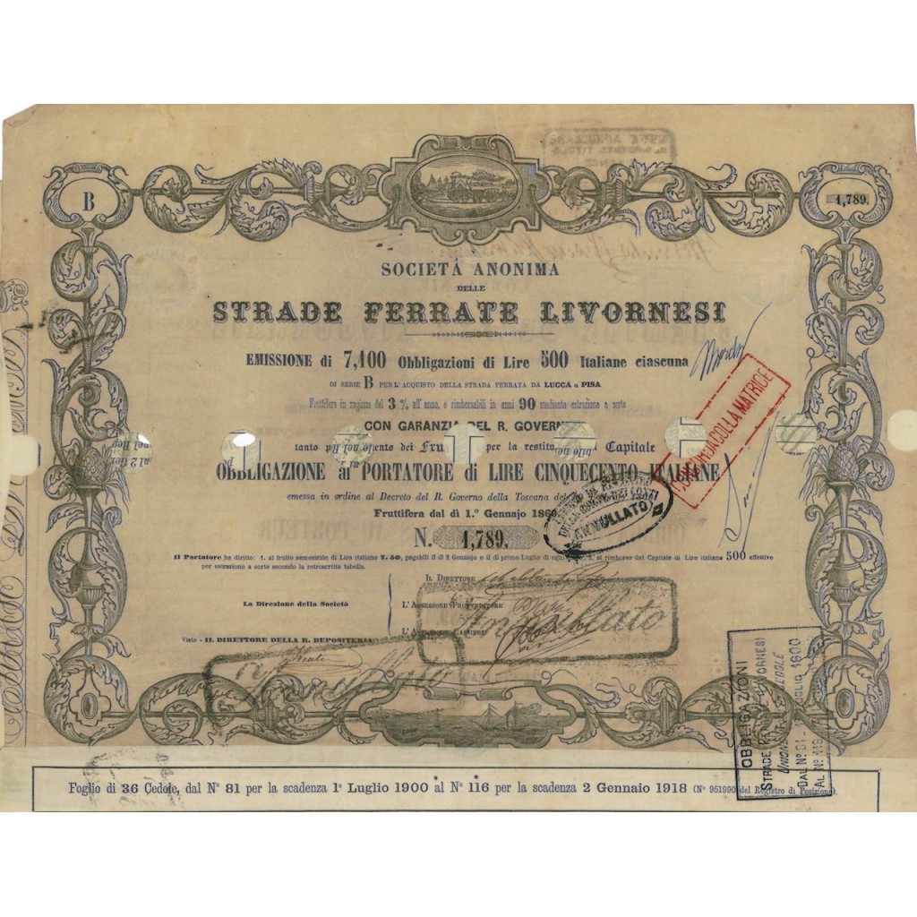 STRADE FERRATE LIVORNESI SOC. AN. - 1 OBBL. SERIE B - 1860