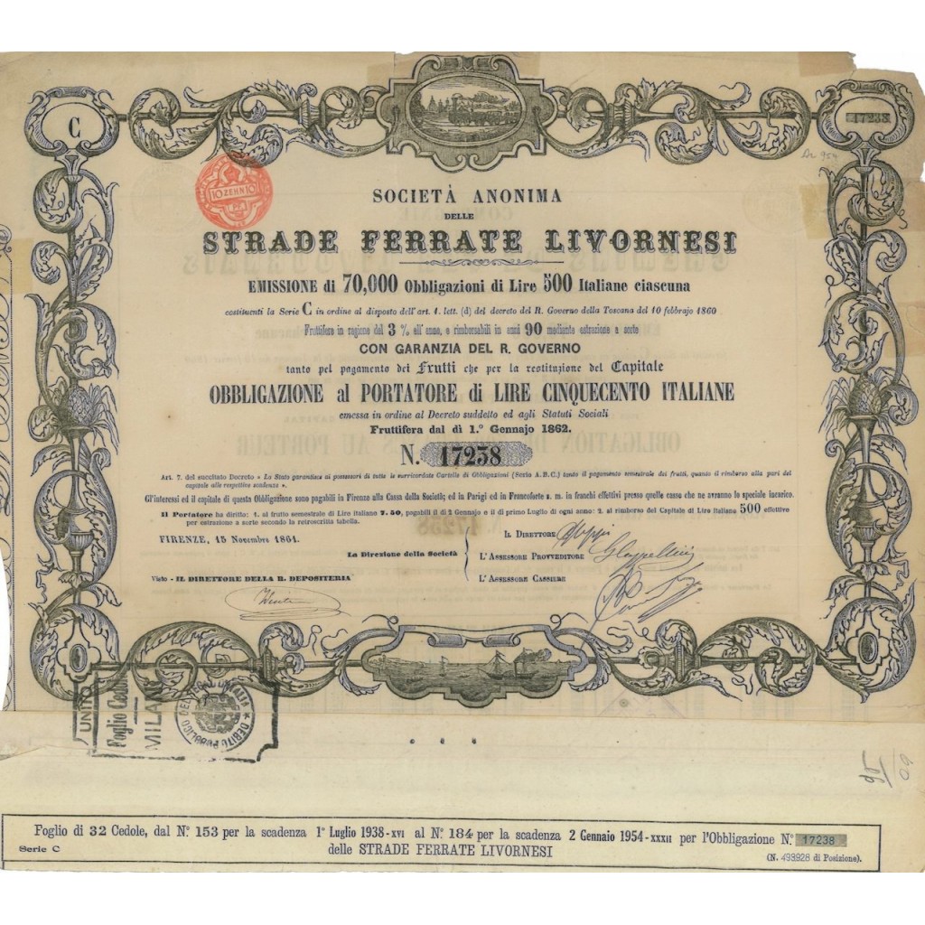 STRADE FERRATE LIVORNESI SOC. AN. - 1 OBBL. SERIE C - 1861