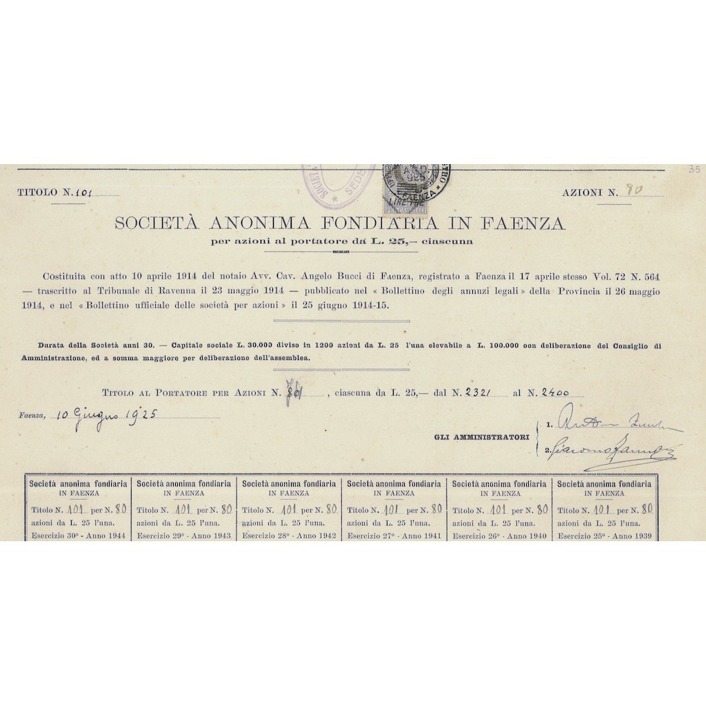 ANONIMA FONDIARIA IN FAENZA - TITOLO PER AZIONI 1925