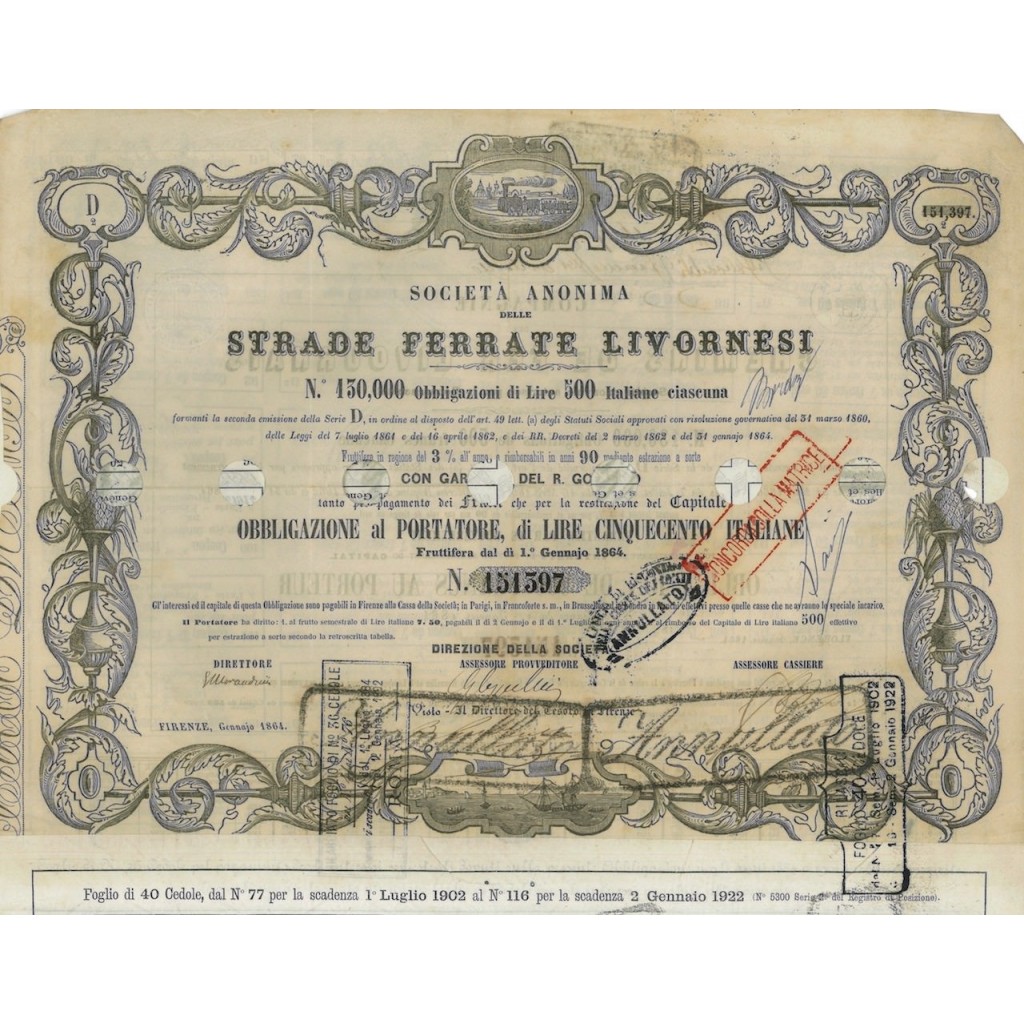 STRADE FERRATE LIVORNESI SOC. AN. - 1 OBBL. SERIE D - 1864