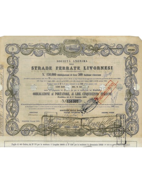 STRADE FERRATE LIVORNESI SOC. AN. - 1 OBBL. SERIE D - 1864
