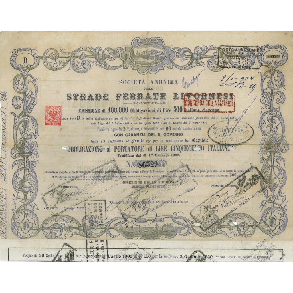 STRADE FERRATE LIVORNESI SOC. AN. - 1 OBBL. SERIE D - 1862