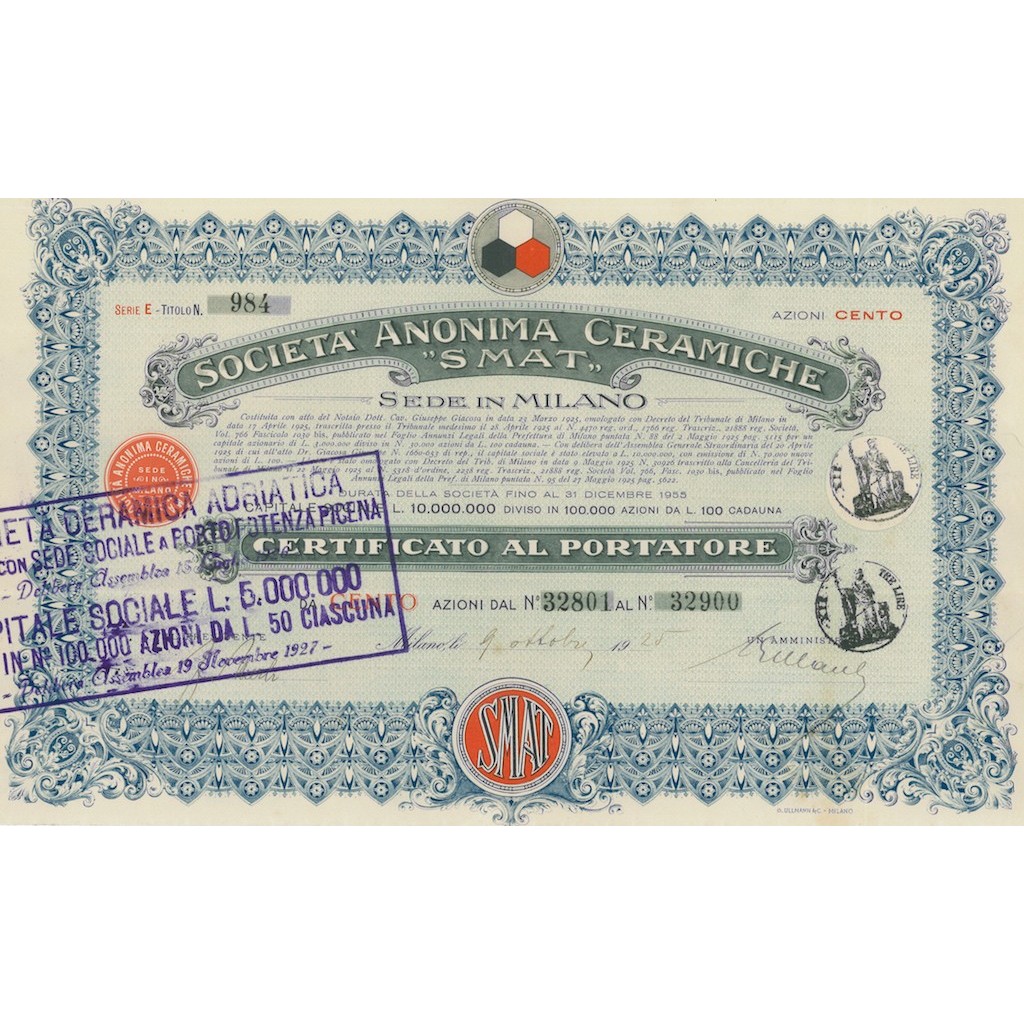 SOC. ANON. CERAMICHE SMAT 100 AZIONI MILANO 1925