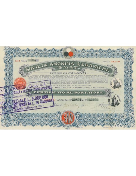 SOC. ANON. CERAMICHE SMAT 100 AZIONI MILANO 1925