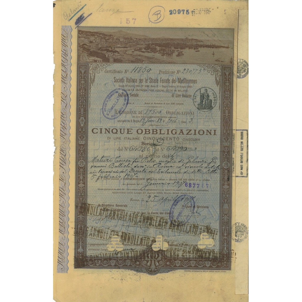 SOC.ITALIANA STRADE FERRATE DEL MEDITERRANEO 5 OBBLIG. ROMA 1907