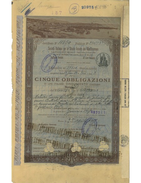 SOC.ITALIANA STRADE FERRATE DEL MEDITERRANEO 5 OBBLIG. ROMA 1907