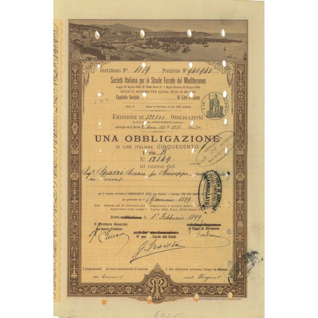 SOC.ITALIANA STRADE FERRATE DEL MEDITERRANEO 1 OBBLIG. ROMA 1899
