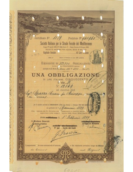 SOC.ITALIANA STRADE FERRATE DEL MEDITERRANEO 1 OBBLIG. ROMA 1899