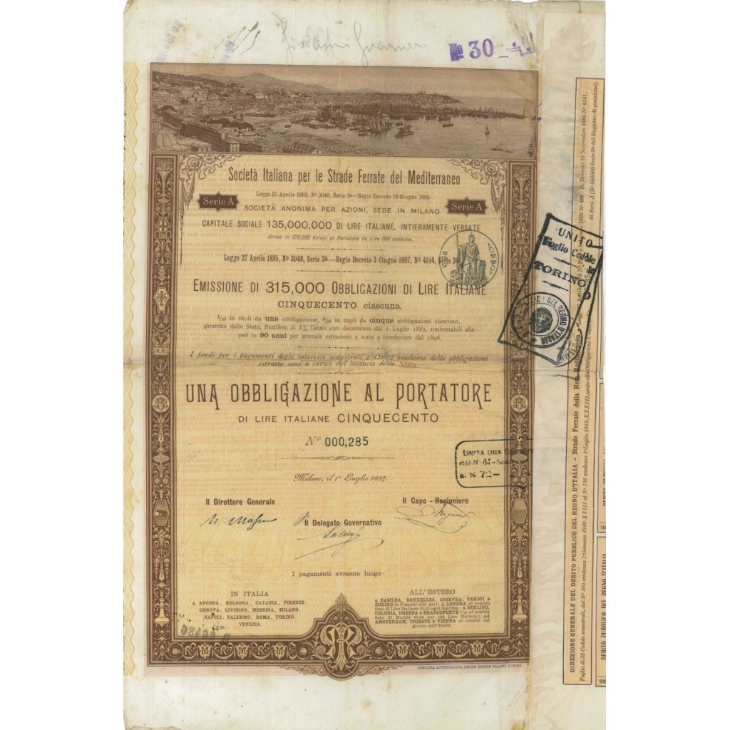 SOC.ITALIANA STRADE FERRATE DEL MEDITERRANEO 1 OBBLIG. ROMA 1887
