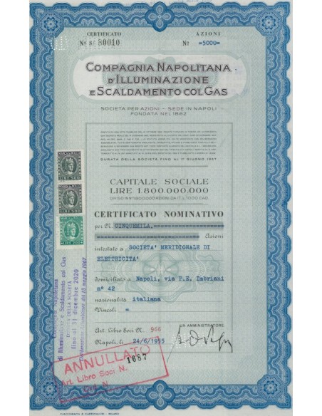 COMPAGNIA NAPOLITANA D' ILLUMINAZIONE E SCALDAMENTO COL GAS - Certificato nominativo