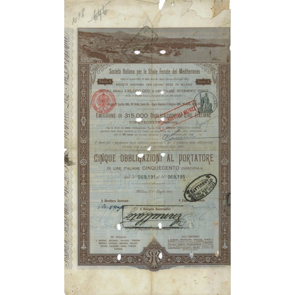 SOC.ITALIANA STRADE FERRATE DEL MEDITERRANEO 5 OBBLIG. ROMA 1887