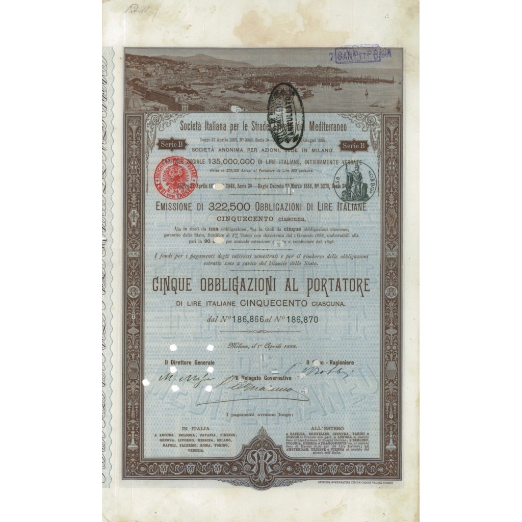 SOC.ITALIANA STRADE FERRATE DEL MEDITERRANEO 5 OBBLIG. ROMA 1888