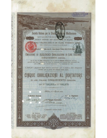 SOC.ITALIANA STRADE FERRATE DEL MEDITERRANEO 5 OBBLIG. ROMA 1888