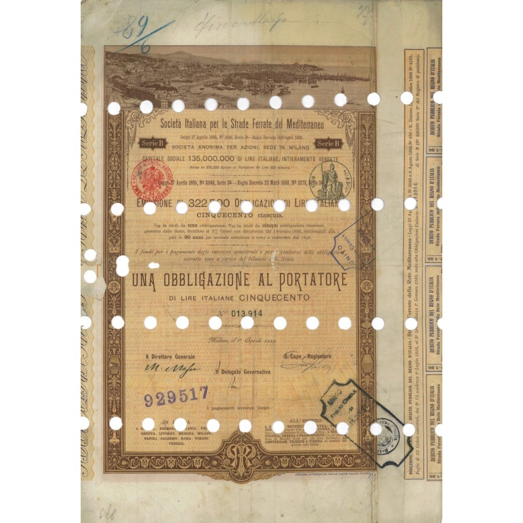 SOC.ITALIANA STRADE FERRATE DEL MEDITERRANEO 1 OBBLIG. MILANO 1888