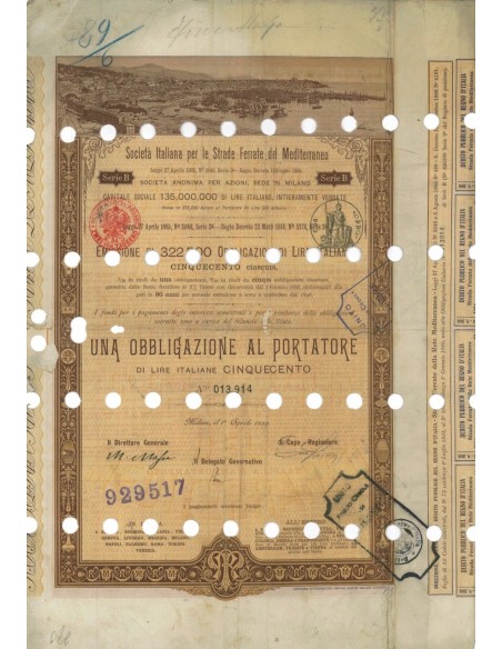 SOC.ITALIANA STRADE FERRATE DEL MEDITERRANEO 1 OBBLIG. MILANO 1888