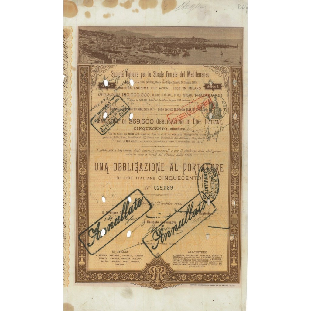 SOC.ITALIANA STRADE FERRATE DEL MEDITERRANEO 1 OBBLIG. MILANO 1888
