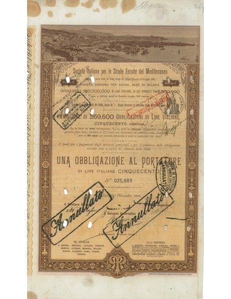 SOC.ITALIANA STRADE FERRATE DEL MEDITERRANEO 1 OBBLIG. MILANO 1888