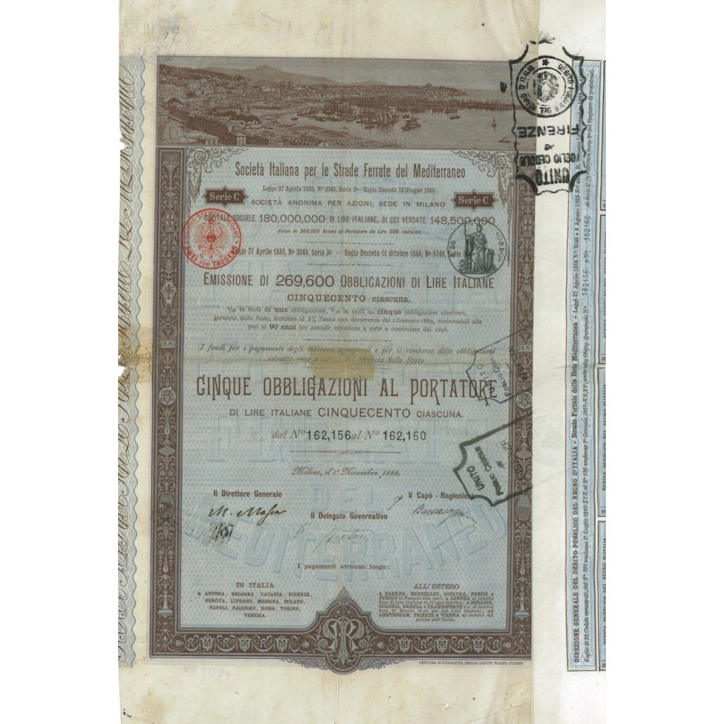 SOC.ITALIANA STRADE FERRATE DEL MEDITERRANEO 5 OBBLIG. MILANO 1888