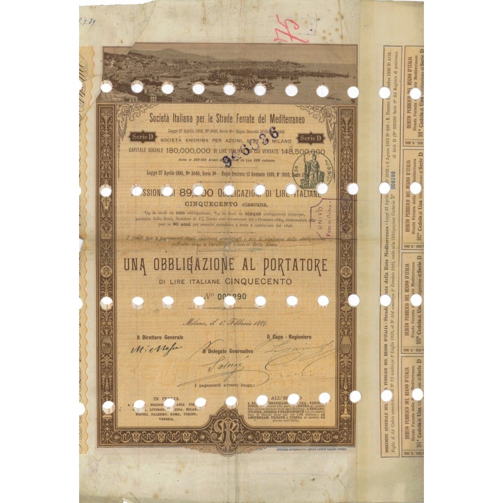 SOC.ITALIANA STRADE FERRATE DEL MEDITERRANEO 1 OBBLIG. MILANO 1889