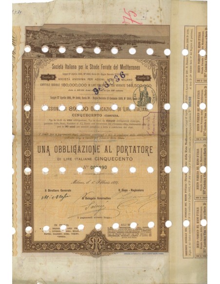 SOC.ITALIANA STRADE FERRATE DEL MEDITERRANEO 1 OBBLIG. MILANO 1889
