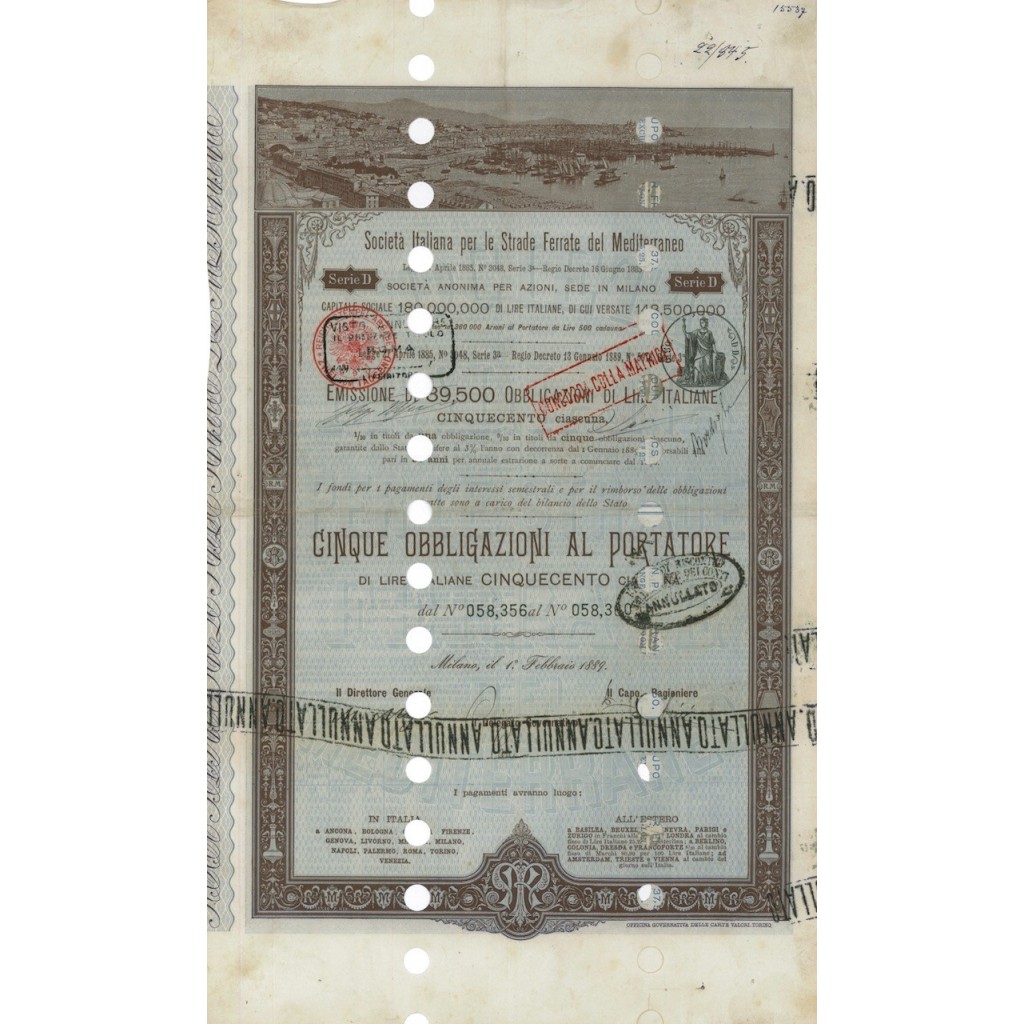 SOC.ITALIANA STRADE FERRATE DEL MEDITERRANEO 5 OBBLIG. MILANO 1889