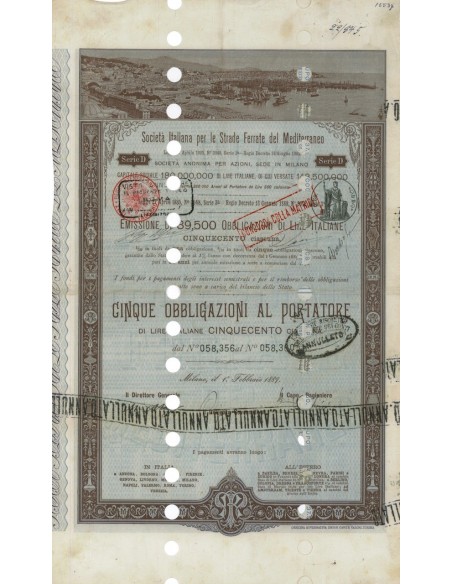 SOC.ITALIANA STRADE FERRATE DEL MEDITERRANEO 5 OBBLIG. MILANO 1889