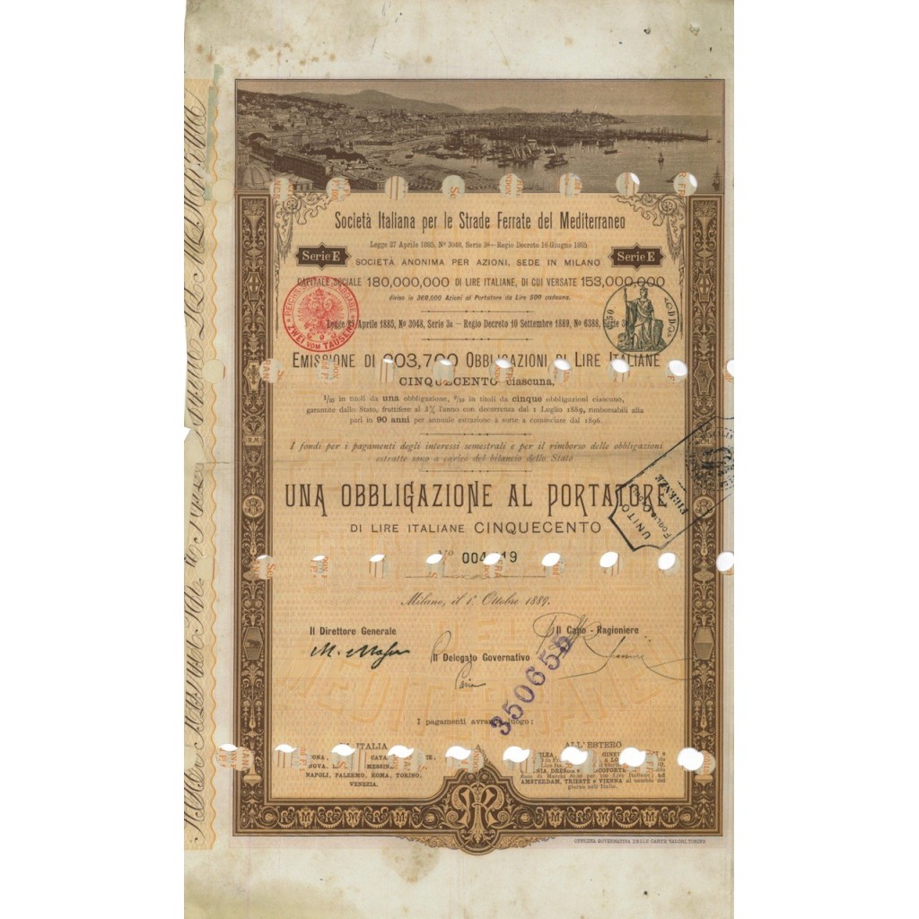 SOC.ITALIANA STRADE FERRATE DEL MEDITERRANEO 1 OBBLIG. MILANO 1889