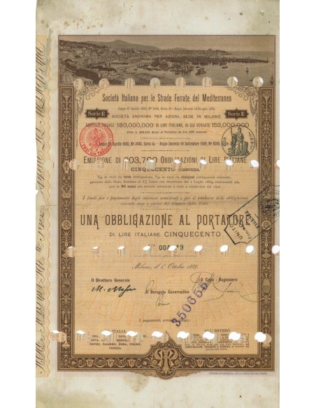 SOC.ITALIANA STRADE FERRATE DEL MEDITERRANEO 1 OBBLIG. MILANO 1889
