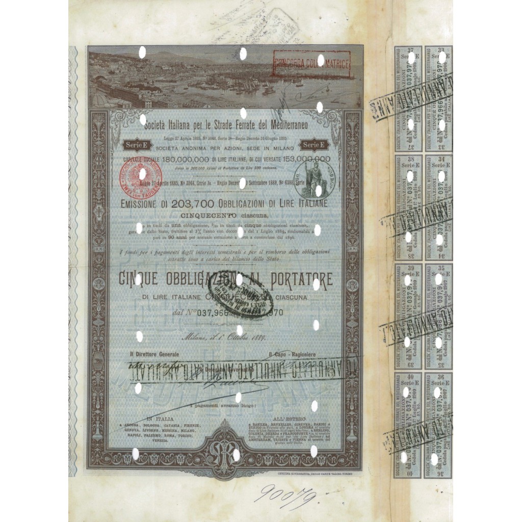 SOC.ITALIANA STRADE FERRATE DEL MEDITERRANEO 5 OBBLIG. MILANO 1889