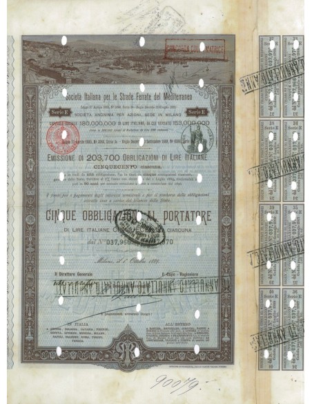 SOC.ITALIANA STRADE FERRATE DEL MEDITERRANEO 5 OBBLIG. MILANO 1889