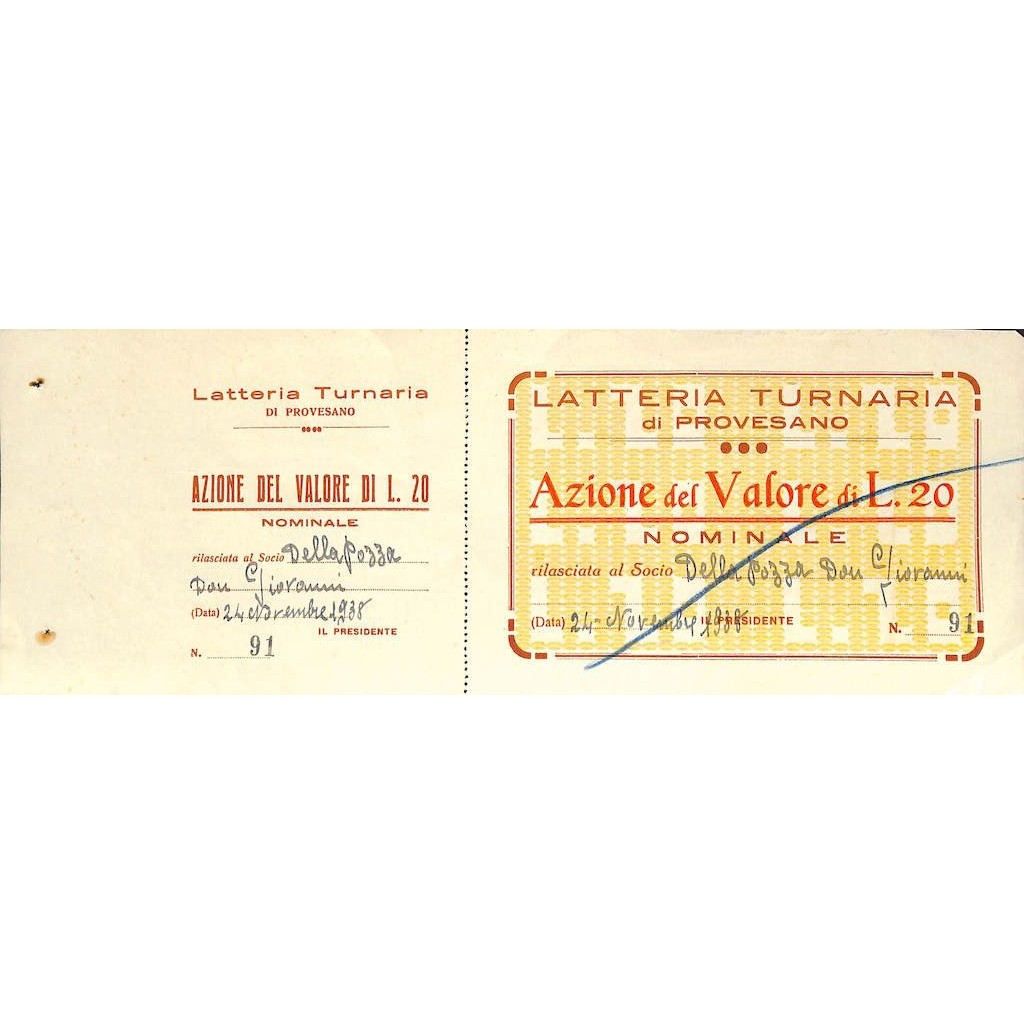 LATTERIA TURNARIA - 1 AZIONE PROVESANO 1938