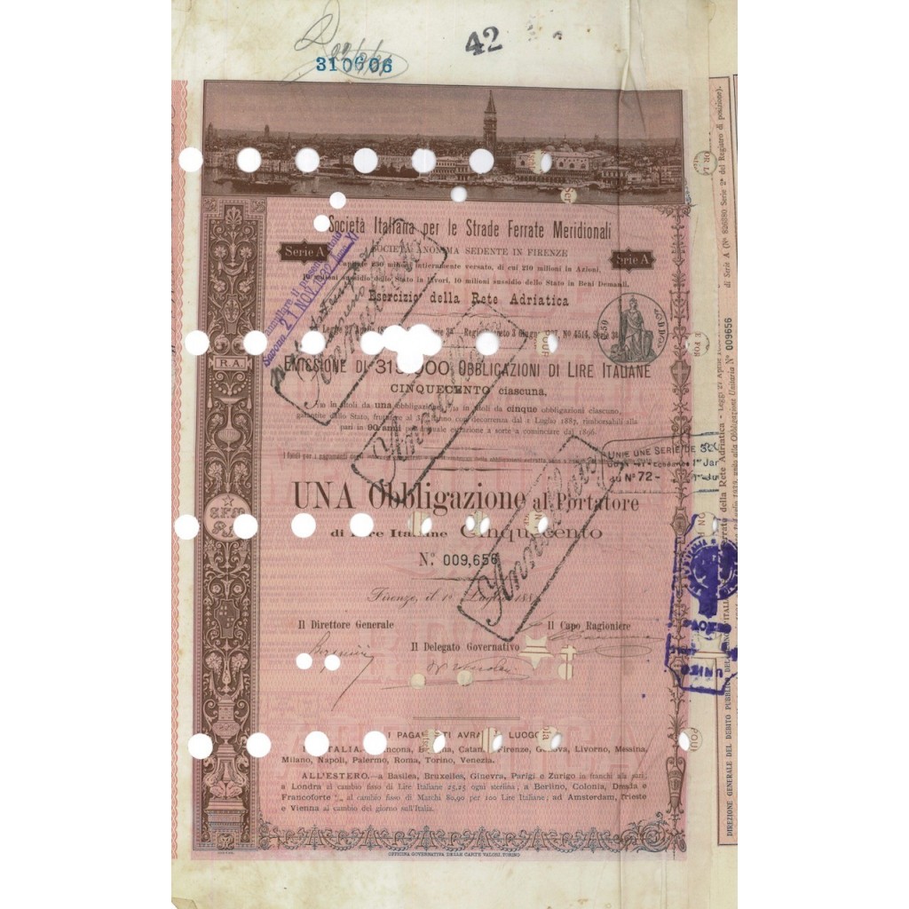 SOC.ITALIANA STRADE FERRATE DEL MERIDIONALI 1 OBBLIG. FIRENZE 1887