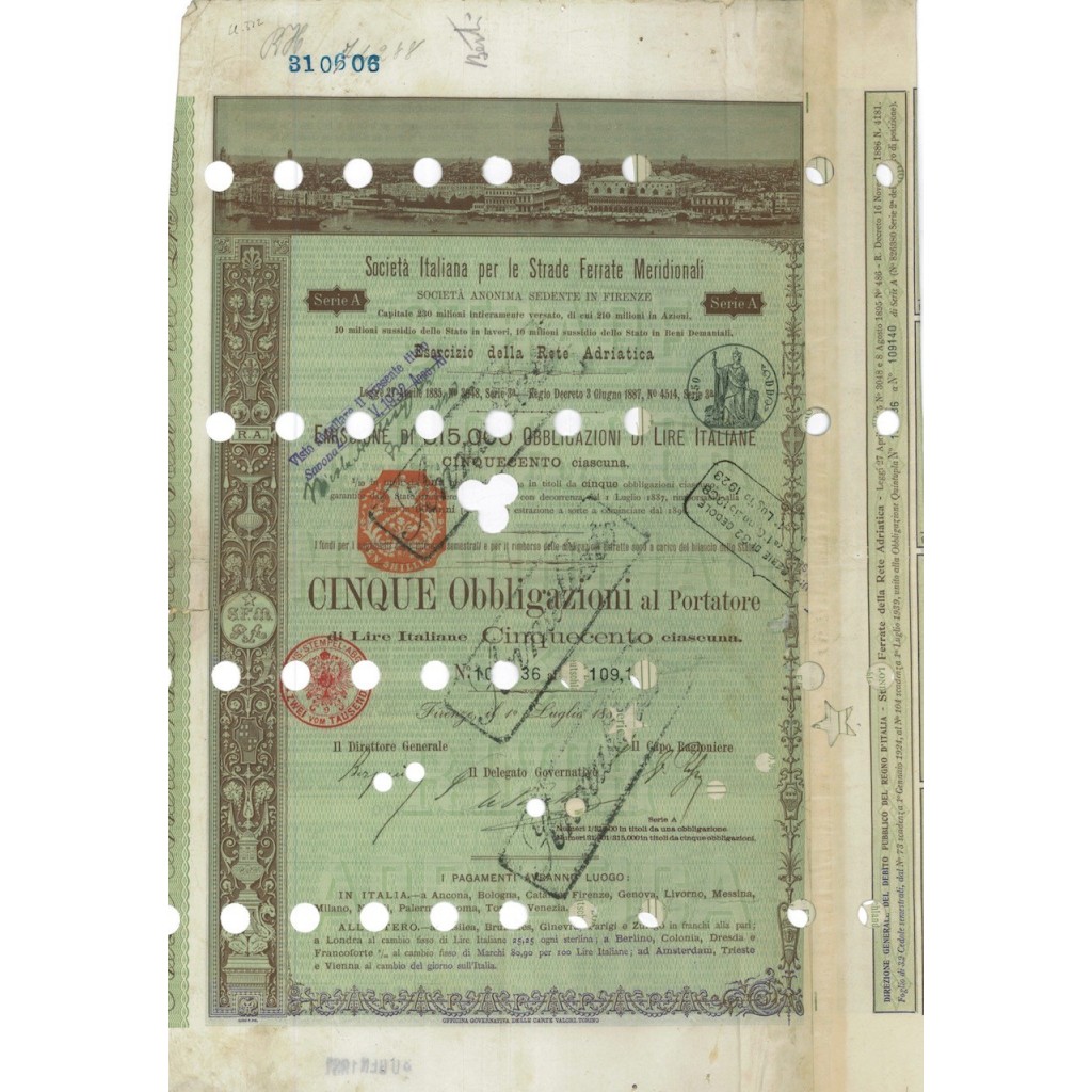 SOC.ITALIANA STRADE FERRATE DEL MERIDIONALI 5 OBBLIG. FIRENZE 1887