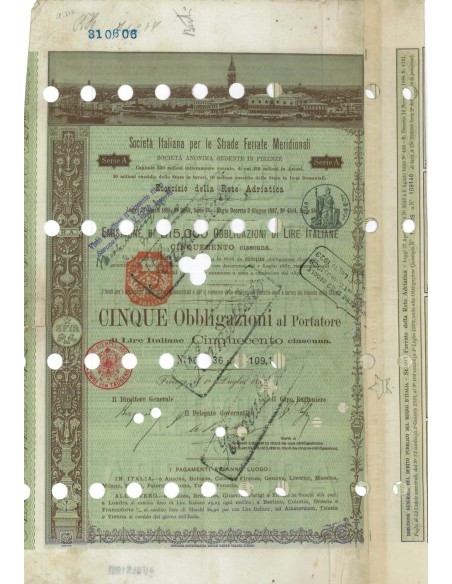 SOC.ITALIANA STRADE FERRATE DEL MERIDIONALI 5 OBBLIG. FIRENZE 1887