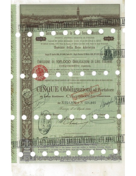 SOC. ITALIANA STRADE FERRATE DEL MERIDIONALI 5 OBBLIG. ROMA 1898
