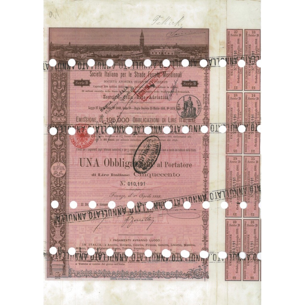 SOC. ITALIANA STRADE FERRATE DEL MERIDIONALI 1 OBBLIG. FIRENZE 1888