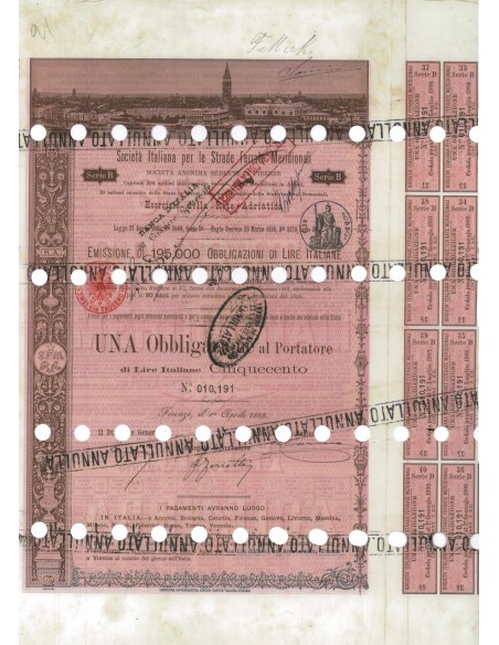 SOC. ITALIANA STRADE FERRATE DEL MERIDIONALI 1 OBBLIG. FIRENZE 1888