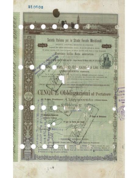 SOC. ITALIANA STRADE FERRATE DEL MERIDIONALI 5 OBBLIG. ROMA 1924
