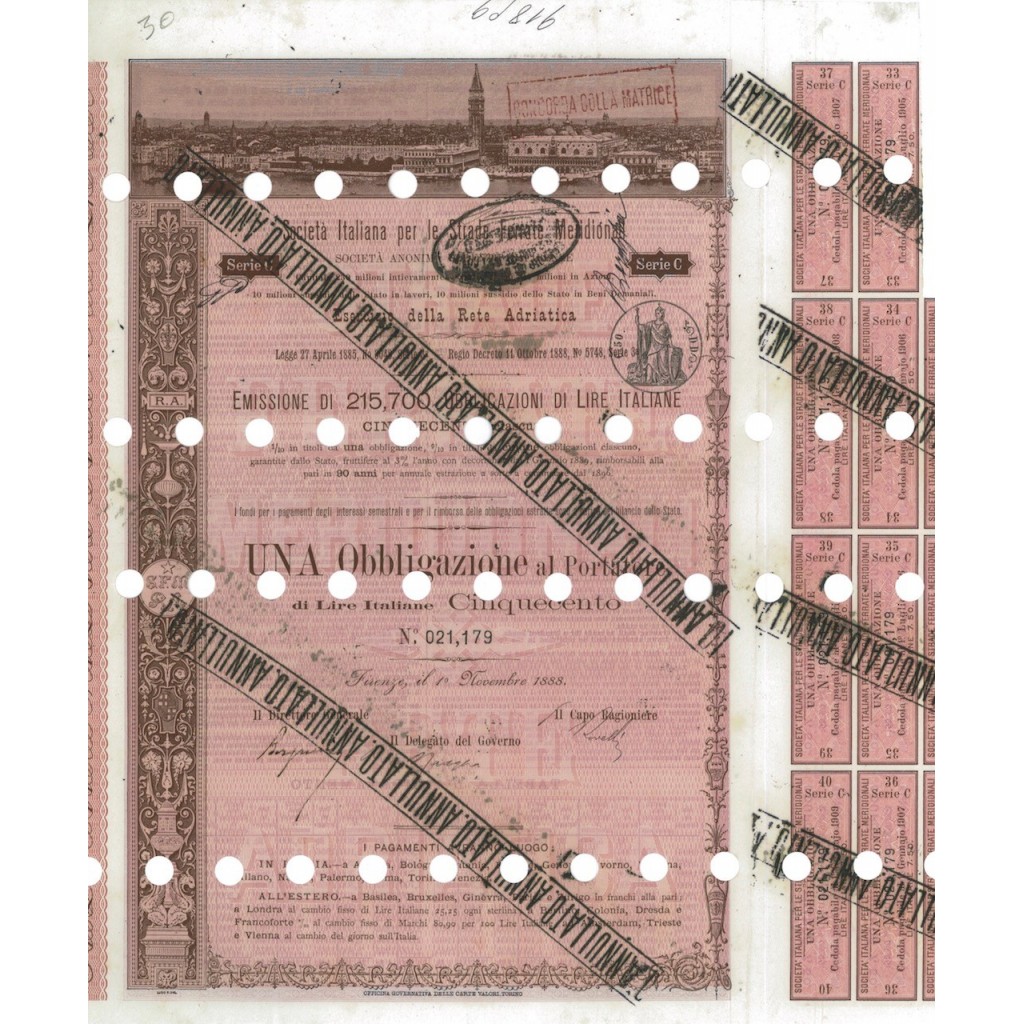 SOC. ITALIANA STRADE FERRATE DEL MERIDIONALI 1 OBBLIG. FIRENZE 1888