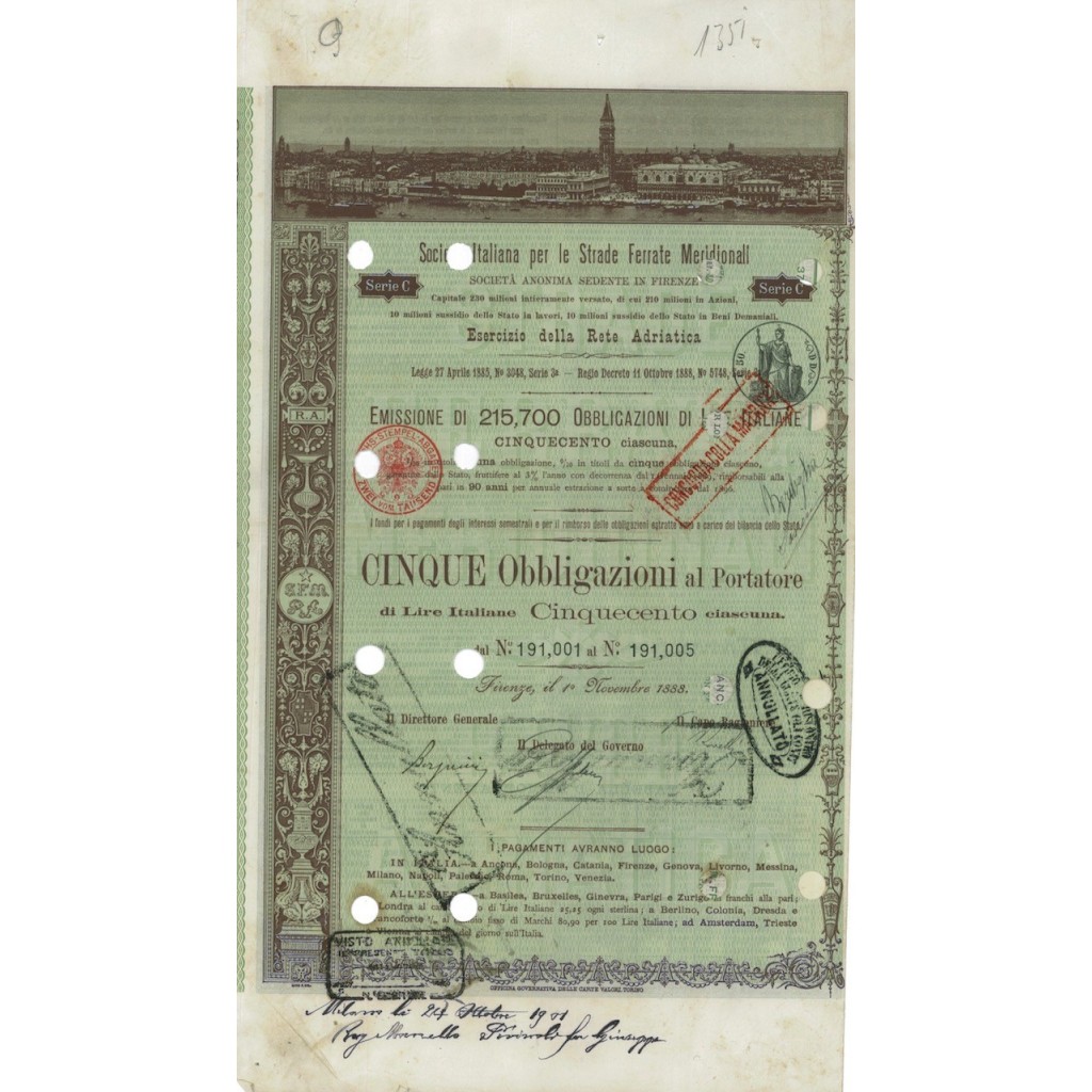 SOC. ITALIANA STRADE FERRATE DEL MERIDIONALI 5 OBBLIG. FIRENZE 1888