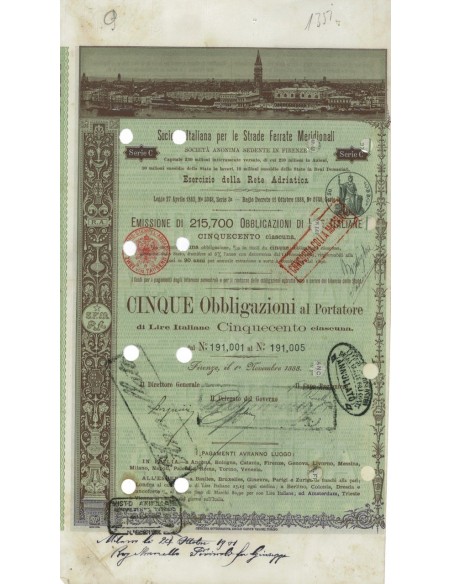 SOC. ITALIANA STRADE FERRATE DEL MERIDIONALI 5 OBBLIG. FIRENZE 1888